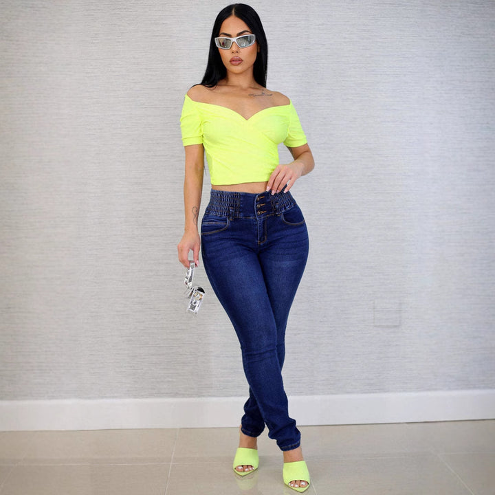 Women High-Waisted Jeans with Elastic Waistband and Button Details Lisslune