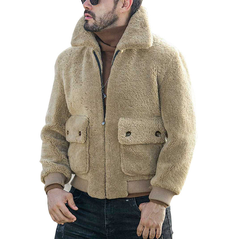 Men's sheepskin bomber jacket with large pockets and high collar Lisslune