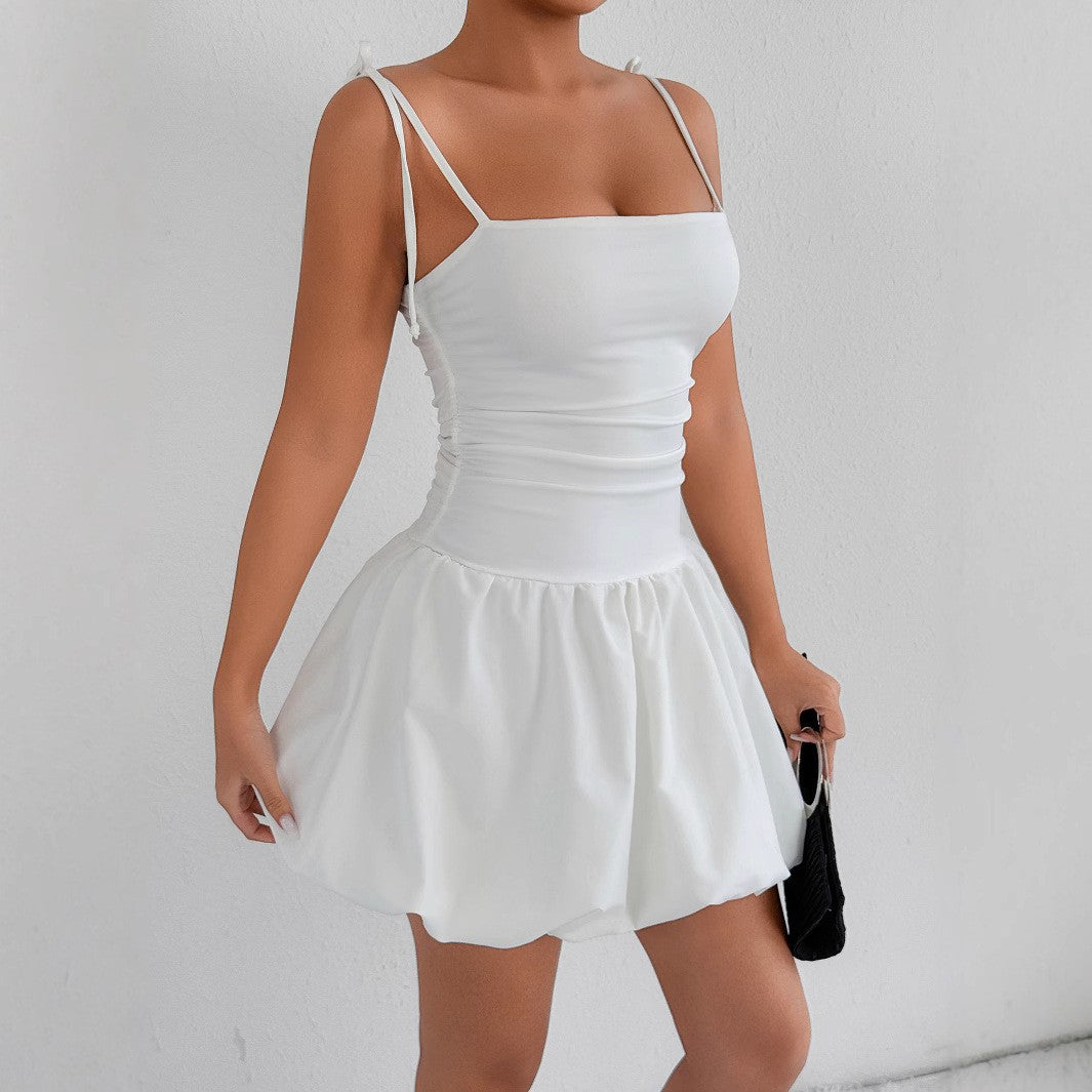 Damen verspieltes Minikleid mit Spaghetti-Trägern und gerafftem Rock Lisslune