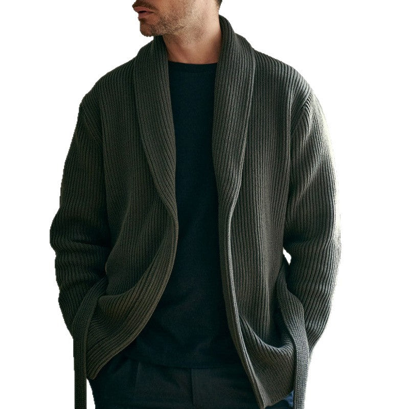 Men's stylish knit cardigan with belt and deep collar Lisslune