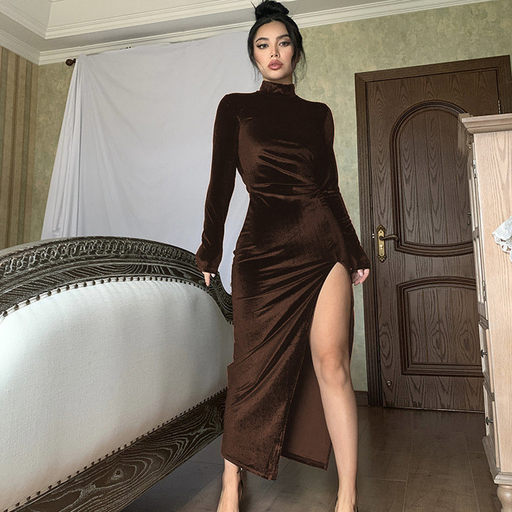 Damen Elegantes Samt-Maxi-Kleid mit hohem Schlitz und Stehkragen Lisslune