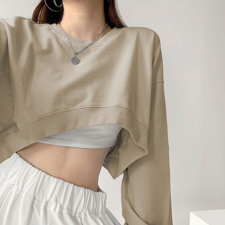 Women's Casual Crop Sweatshirt with Loose-Fitting Sleeves and Fashionable Cut