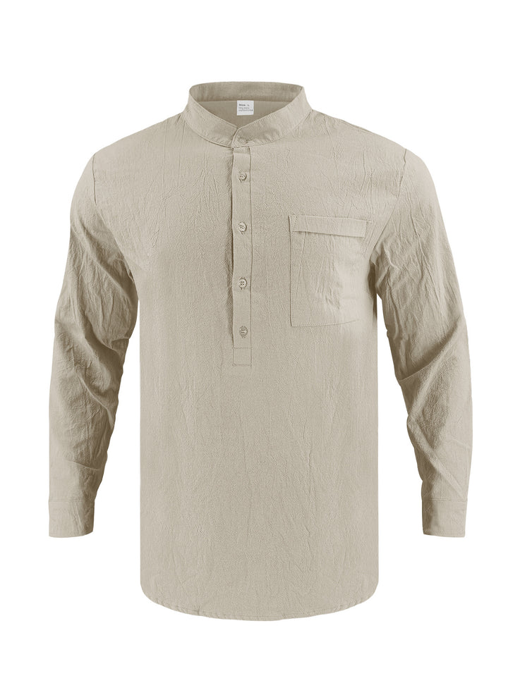 Men's Casual Long Sleeve Shirt with Stand-Up Collar and Practical Chest Pocket Lisslune