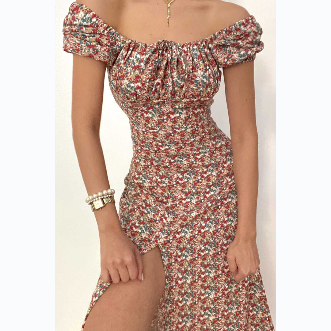 Women's Off-Shoulder Maxi Dress with Floral Design and Elegant Slit Lune London