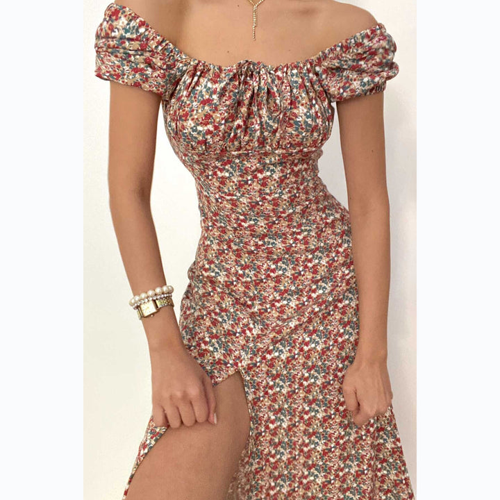 Women's Off-Shoulder Maxi Dress with Floral Design and Elegant Slit Lune London