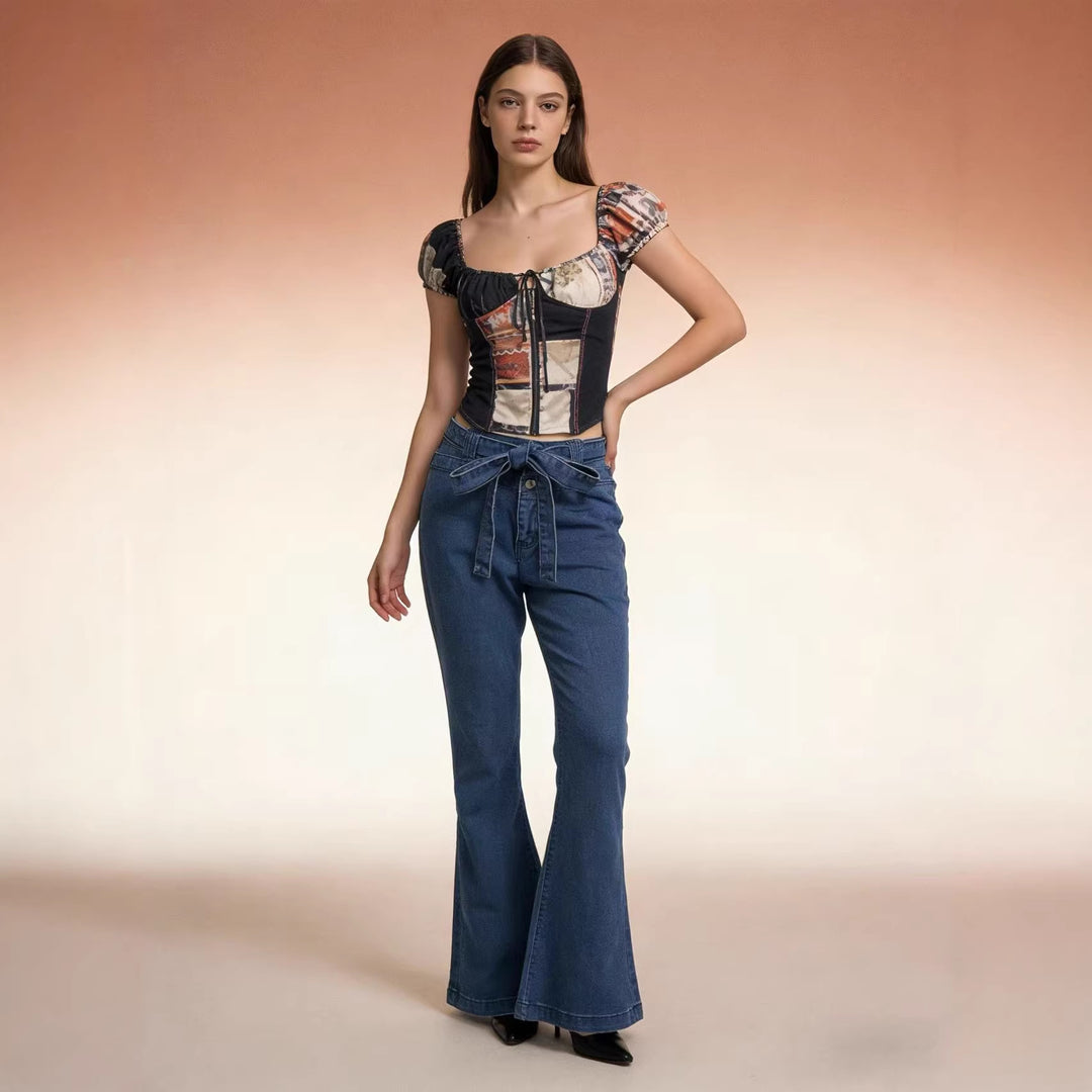 Women Flared Jeans with Belt and High Waist Lisslune