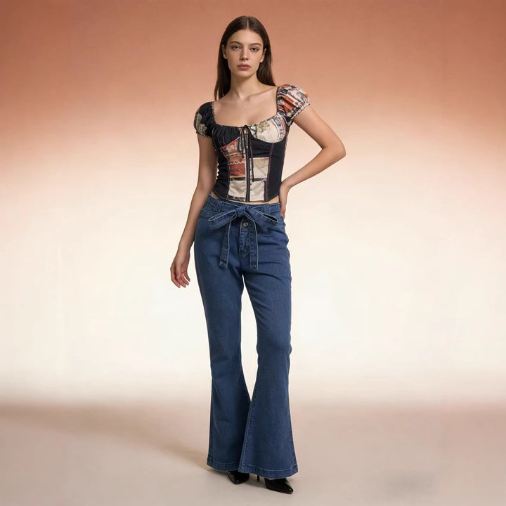 Women Flared Jeans with Belt and High Waist Lisslune
