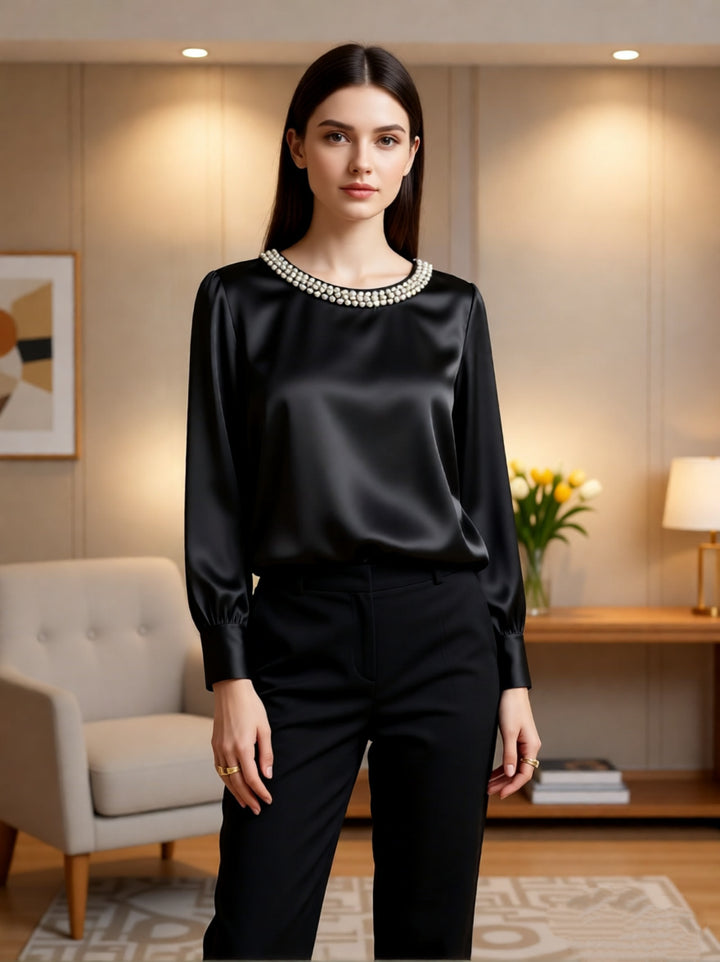 Damen elegante satinierte Bluse mit Perlenkragen Lisslune