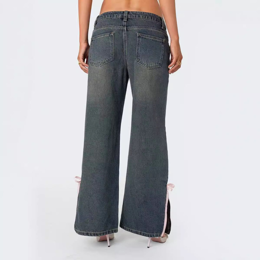 Ladies High Waist Denim Pants with Fashionable Bow Details Lisslune