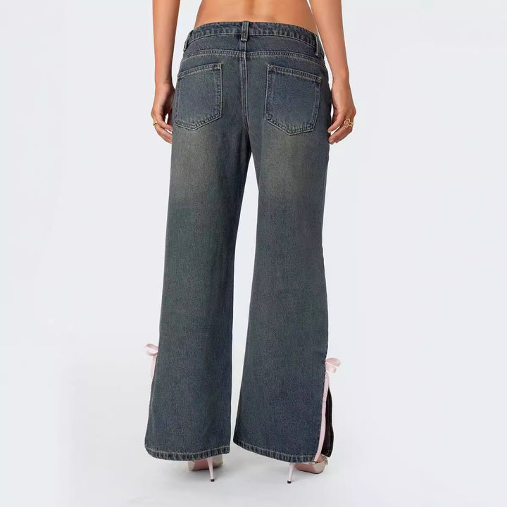 Ladies High Waist Denim Pants with Fashionable Bow Details Lisslune