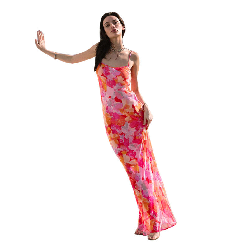 Women's maxi dress with floral pattern and narrow spaghetti straps