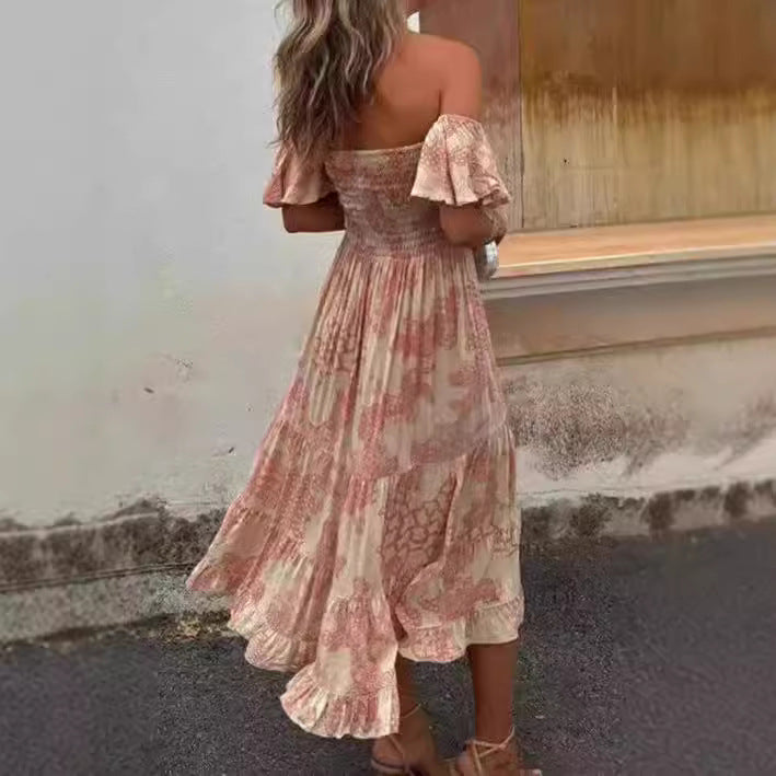 Women's Off-Shoulder Maxi Dress with Ruffle Details and Elastic Waistband Lune London