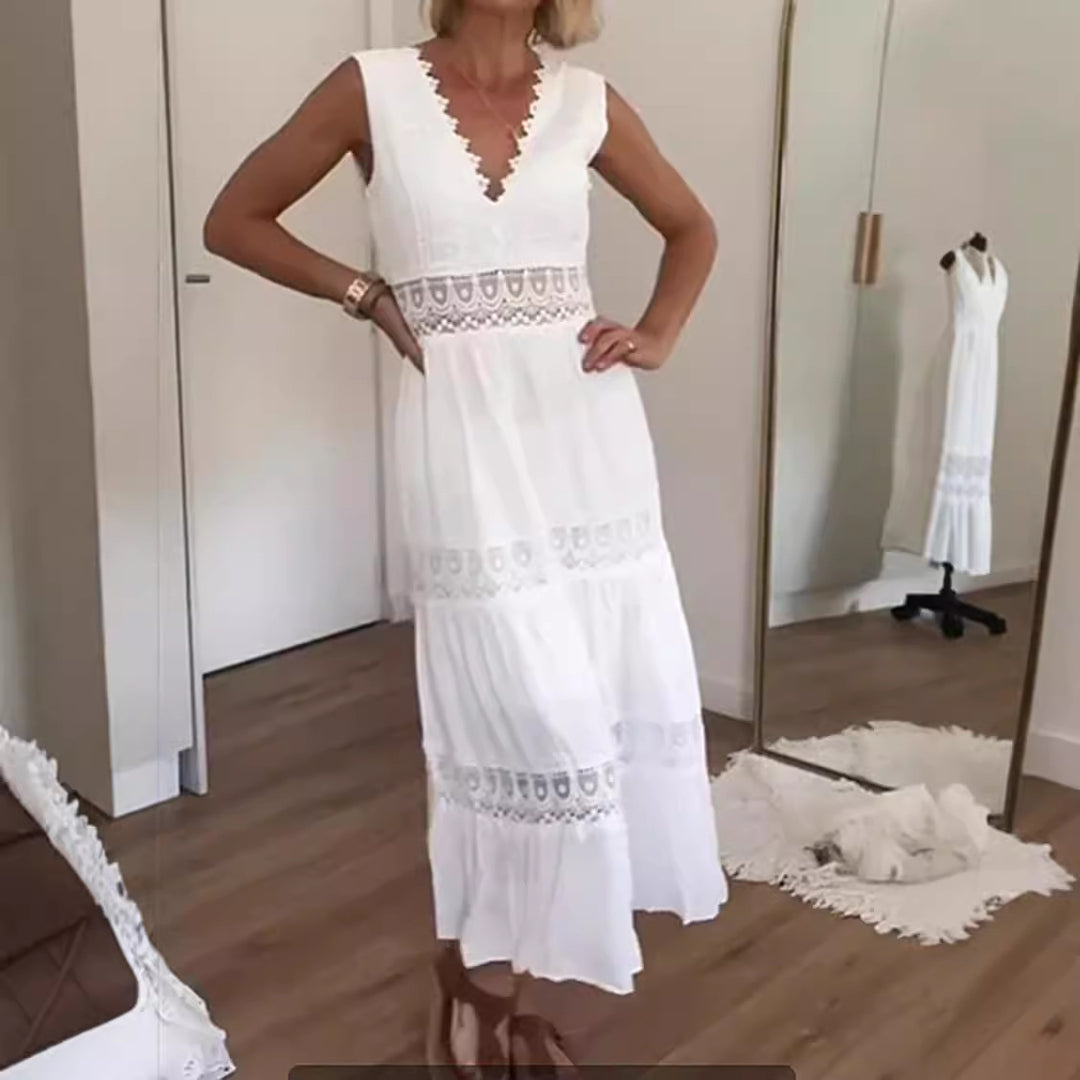 Ladies Elegant Maxi Dress with Deep V-Neck and Playful Crochet Applications Lisslune