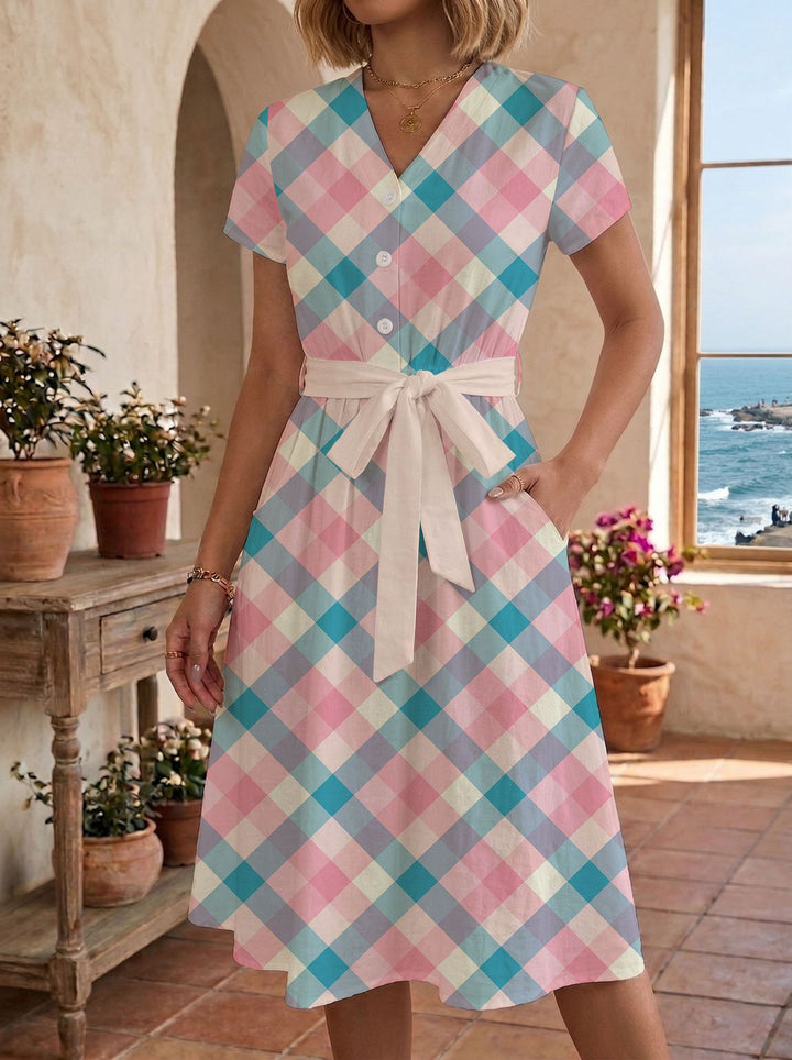 Women's casual maxi dress with adjustable knot and decorative check pattern Lisslune
