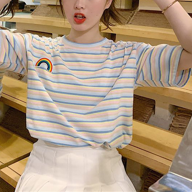 Women's striped T-shirt with colorful rainbow patch Lisslune