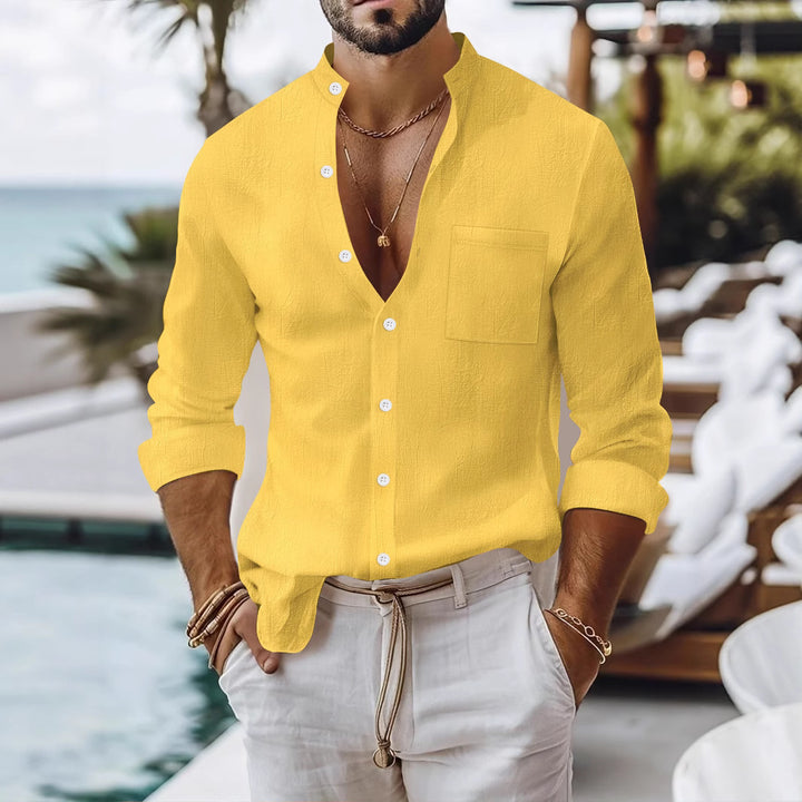 Men's summer long-sleeve shirt with a modern stand-up collar and practical breast pocket Lisslune