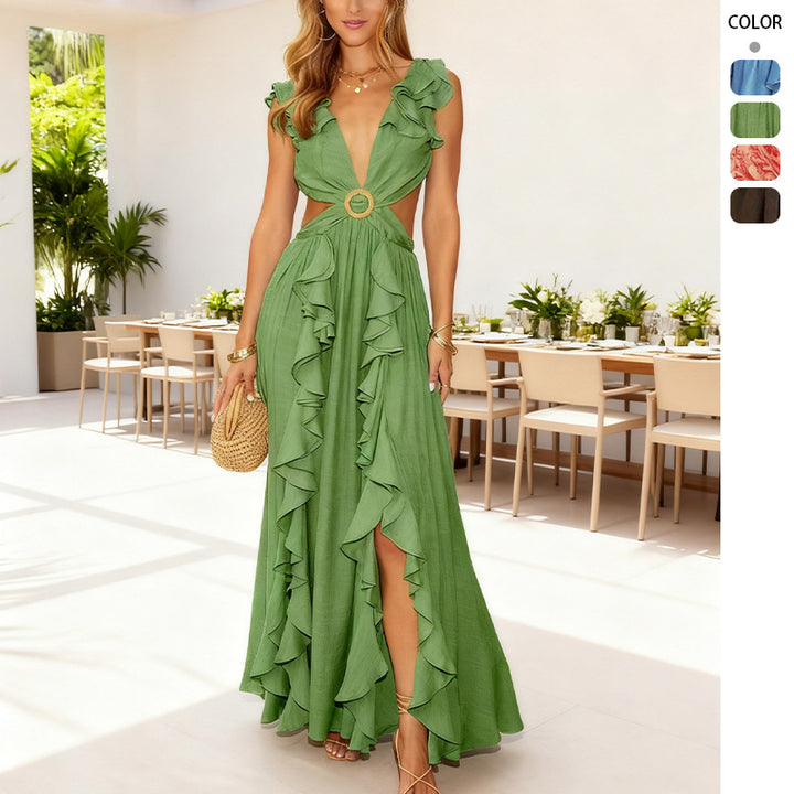 Women's maxi dress with voluminous ruffle details and deep V-neck