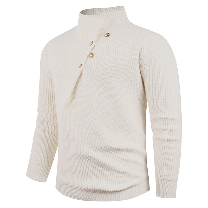 Men's knitted sweater with asymmetric collar and decorative wooden buttons Lisslune