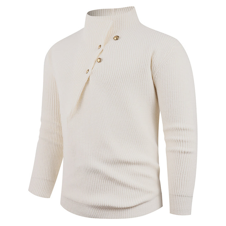 Men's knitted sweater with asymmetric collar and decorative wooden buttons Lisslune