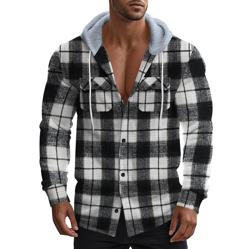 Men's Checkered Shirt Jacket with Hood and Practical Pockets Lisslune
