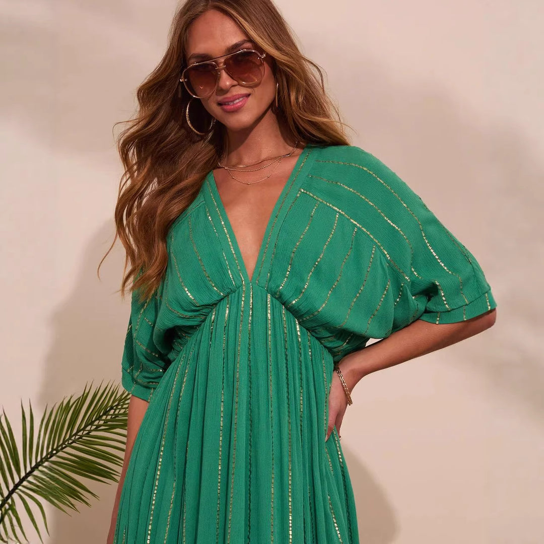 Women's maxi dress with high V-neck and flowing pleats