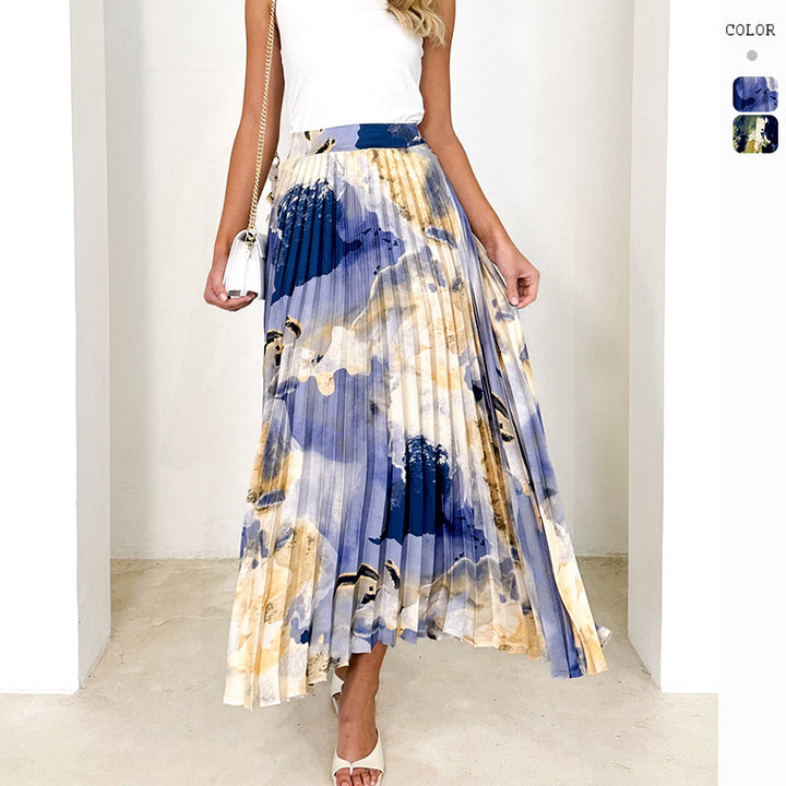 Ladies Elegant Pleated Skirt with Floral Design and Elastic Waistband Lisslune