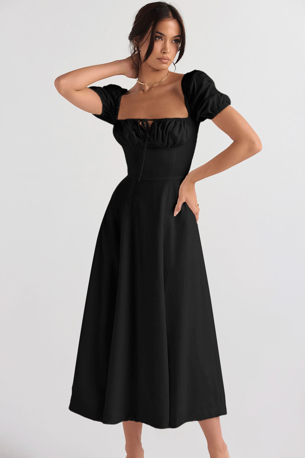Women's midi dress with gathered bodice and flared skirt