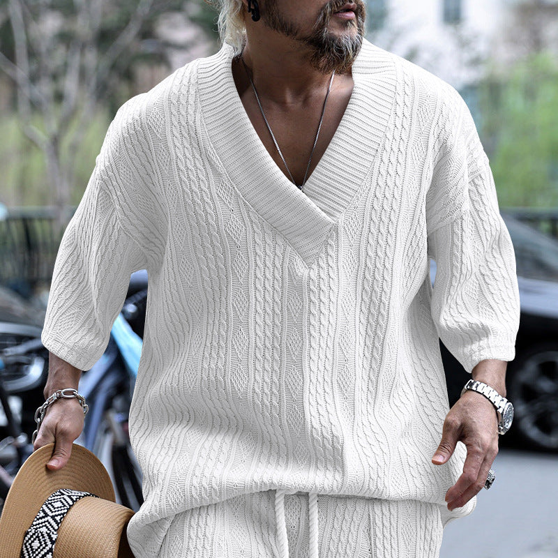 Men's casual knit sweater with V-neck and decorative cable pattern Lisslune