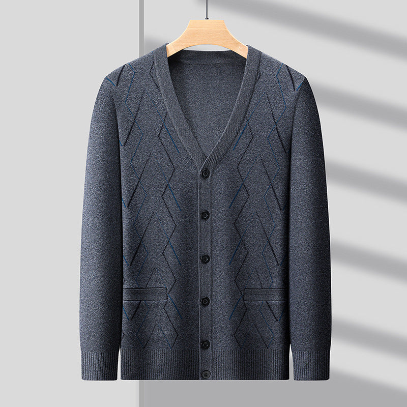 Men's Cardigan with Deep V-Neck and Elegant Diamond Pattern Lisslune