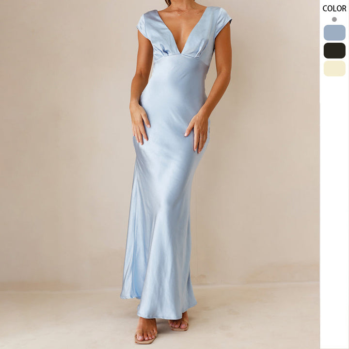 Women's Elegant Maxi Dress with Deep V-Neck and Flowing Satin Fall