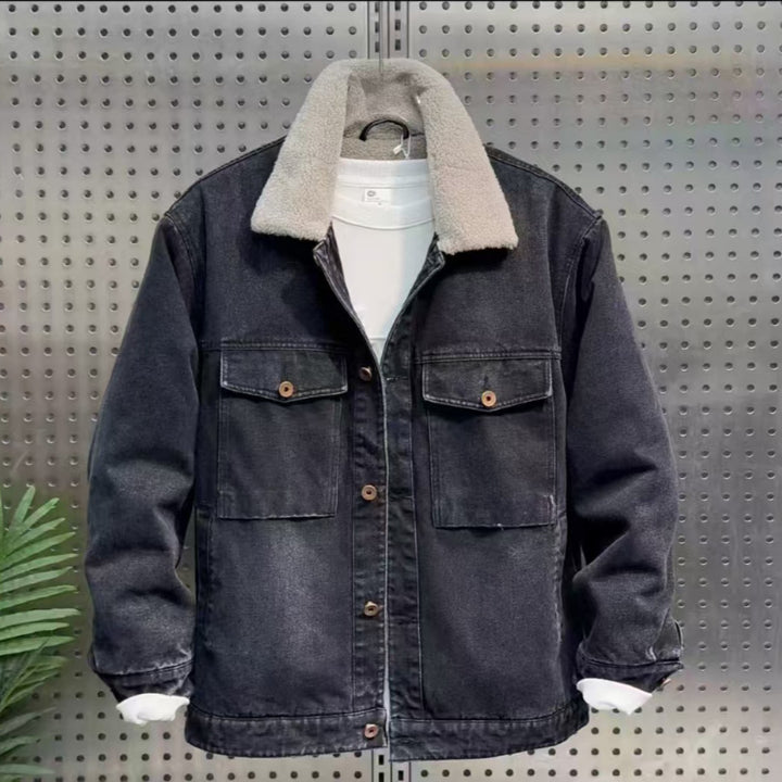 Men's Fashionable Denim Jacket with Great Sherpa Collar Lisslune