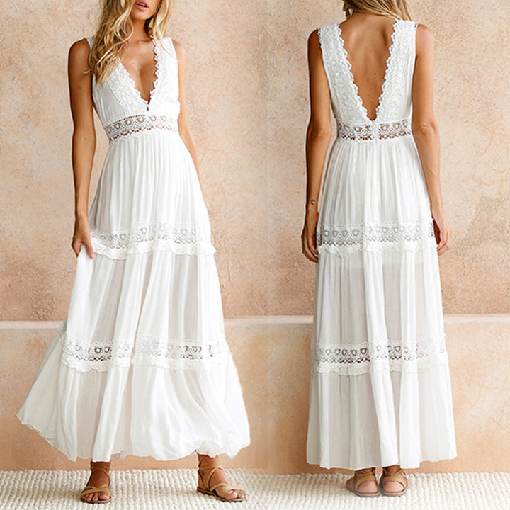 Women's elegant maxi dress with lace accents and low back part