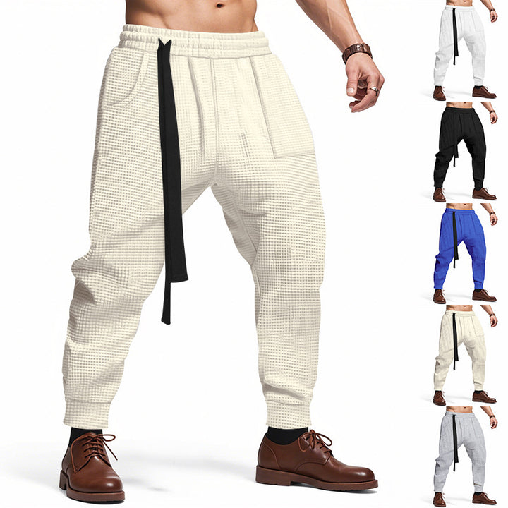 Men's Casual Waffle Texture Jogging Pants with Elastic Waistband and Drawstring Lisslune