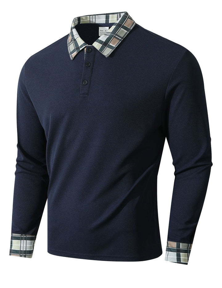 Men's Long Sleeve Polo Shirt with Fashionable Check Collar Lisslune