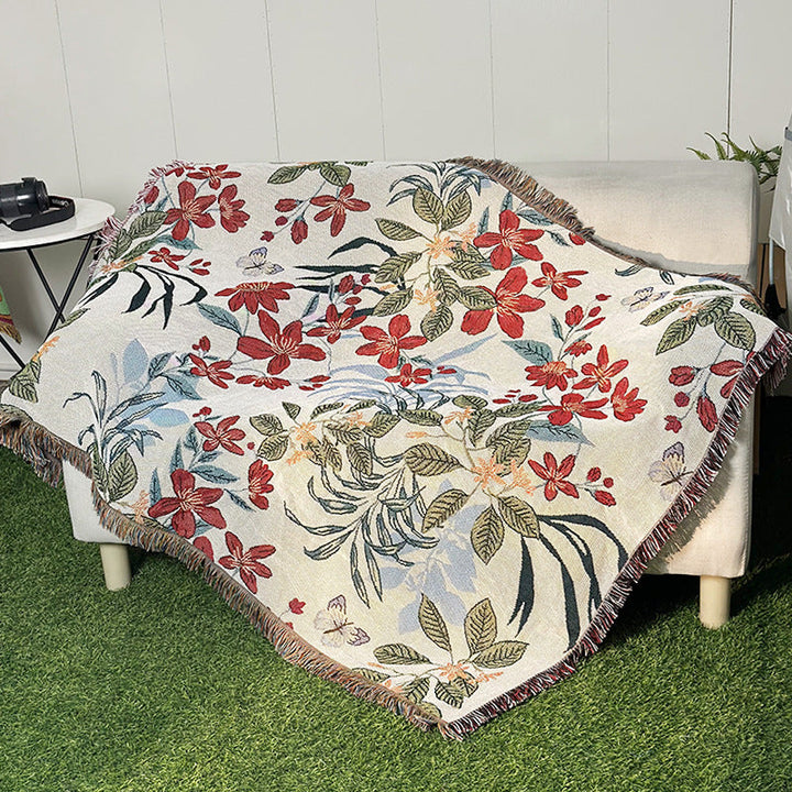 Rynx | Apartment decor inspiration Household flowers sofa blanket Polyester cotton 130 * 160cm with tassels Universal lounge blanket Coffee table tablecloth