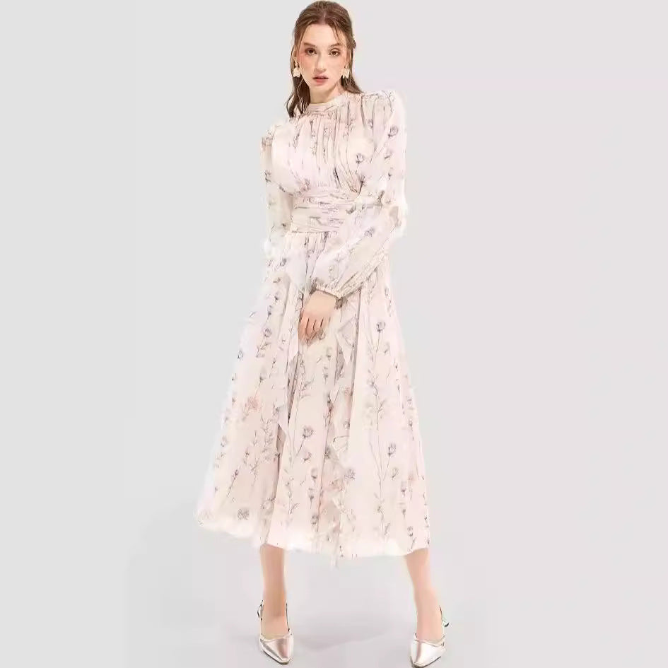 Women's midi dress with floral embroidery and elegant ruffled hem Lisslune
