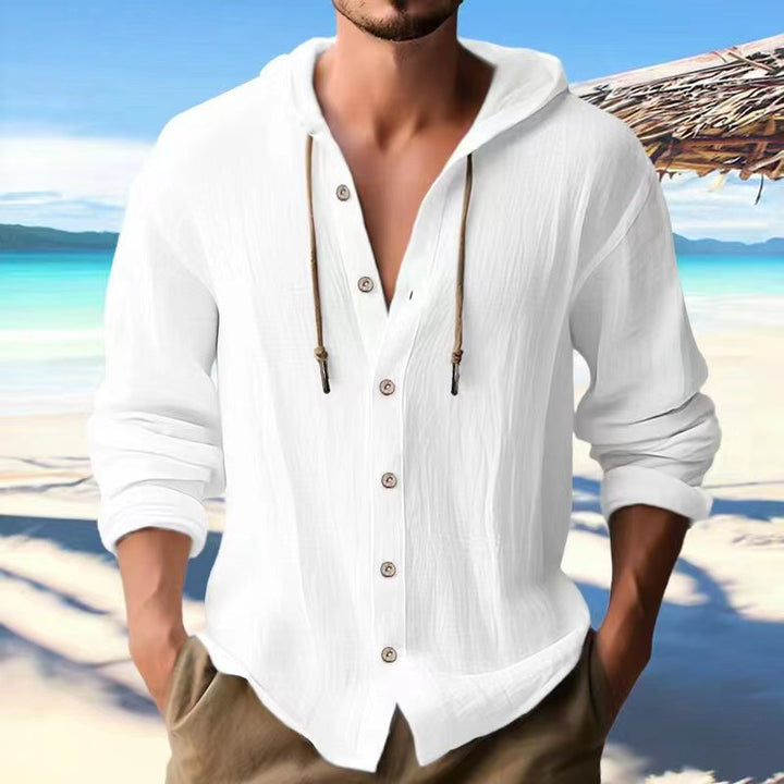 Men's casual hoodie shirt with button placket and drawstring Lisslune