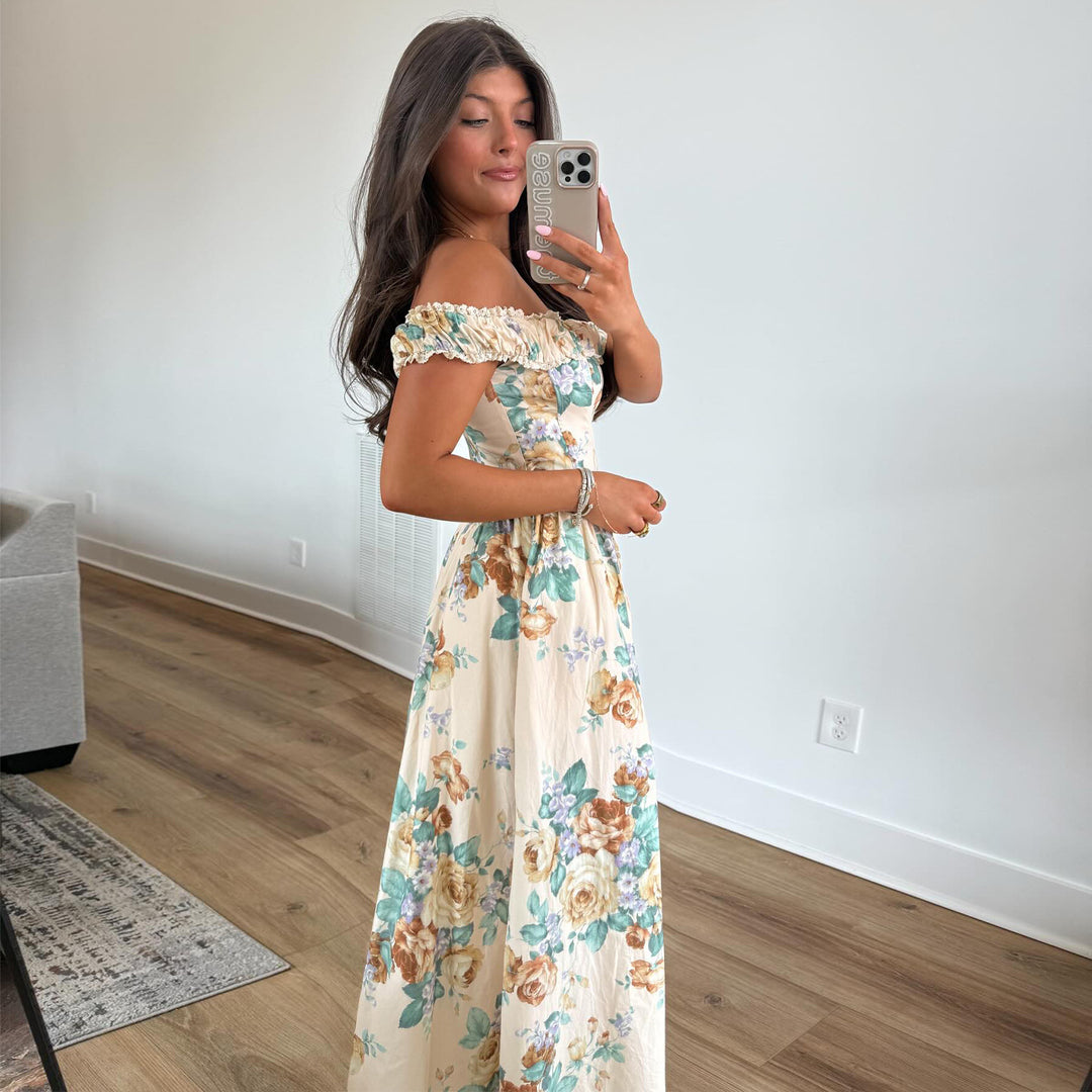 Women Off-Shoulder Maxi Dress with Floral Accents and Gathered Top