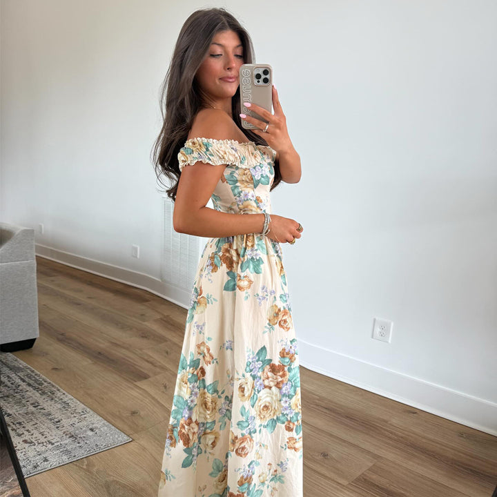 Women Off-Shoulder Maxi Dress with Floral Accents and Gathered Top