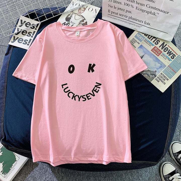 Women's fashionable t-shirt with casual smiley print and high-quality cotton quality Lisslune