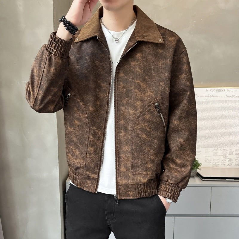 Men's fashionable synthetic leather jacket with stylish stand-up collar and practical pockets Lisslune