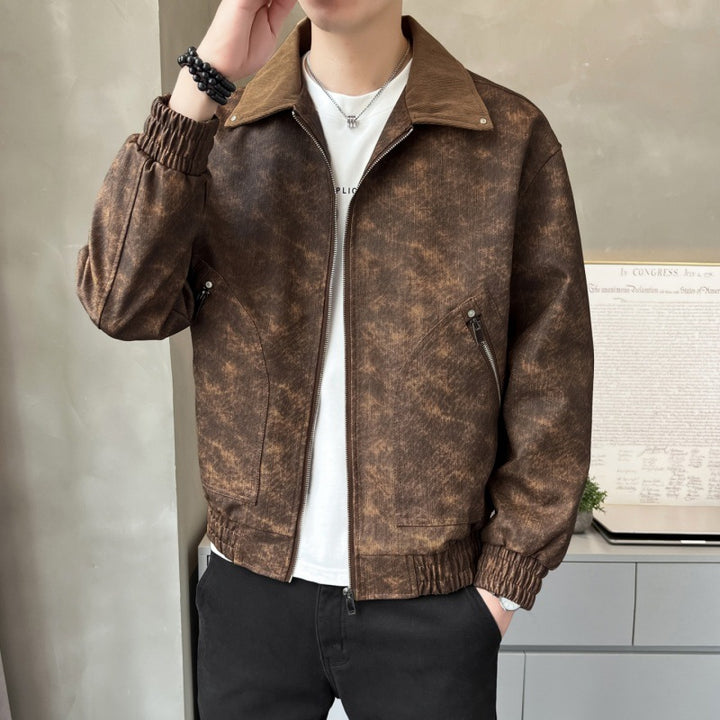 Men's fashionable synthetic leather jacket with stylish stand-up collar and practical pockets Lisslune