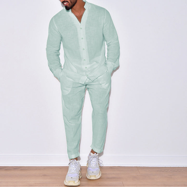 Men's casual linen outfit with button placket and elastic waistband Lisslune
