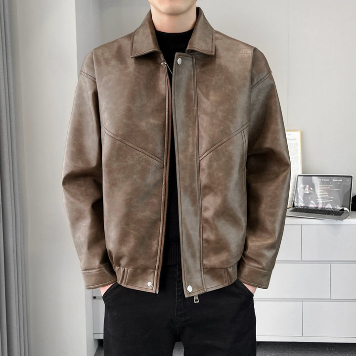 Men's casual synthetic leather jacket with modern cut and practical pockets Lisslune
