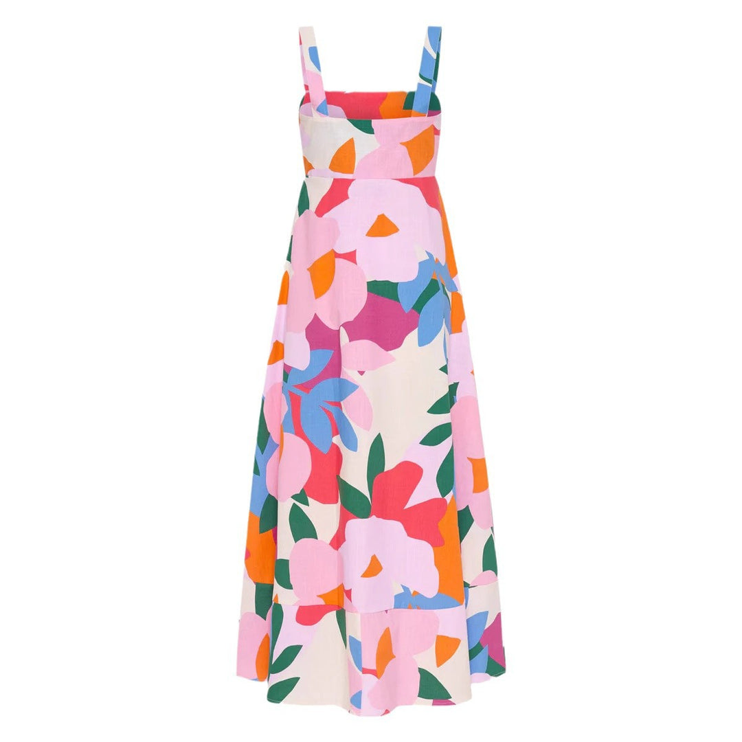 Ladies max dress with floral design and backless cut