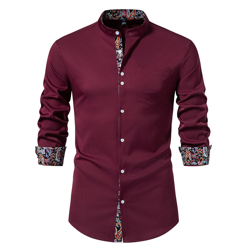 Men's Long Sleeve Shirt with Modern Stand-Up Collar and Paisley Pattern Lisslune