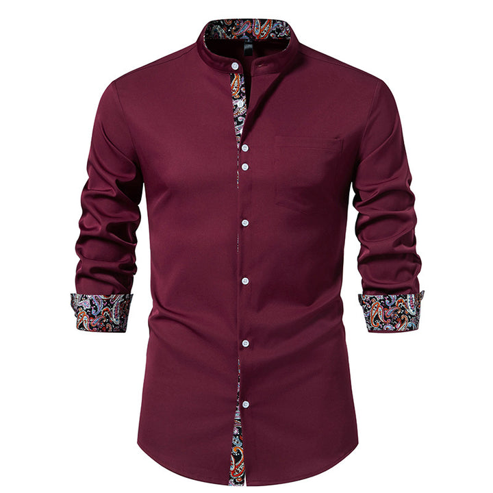 Men's Long Sleeve Shirt with Modern Stand-Up Collar and Paisley Pattern Lisslune