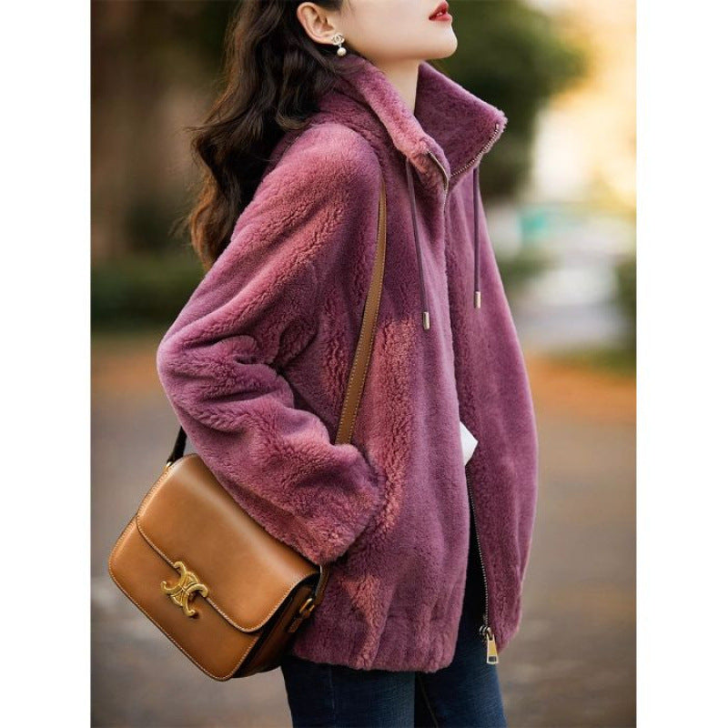 Women's plush jacket with high collar and side zipper Lisslune