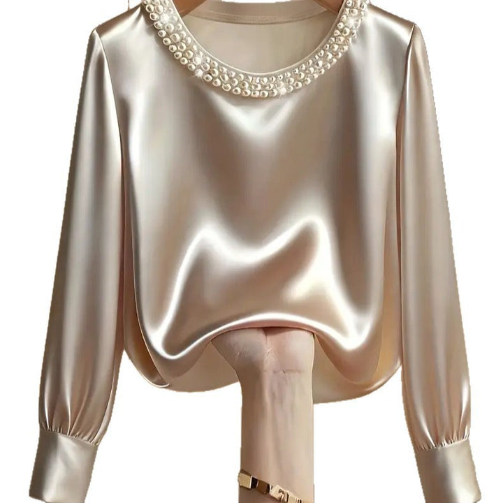 Damen elegante satinierte Bluse mit Perlenkragen Lisslune