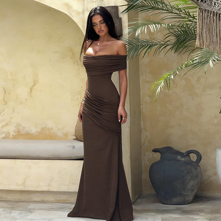 Ladies Off-Shoulder Maxi Dress with Elegant Draping Lune London
